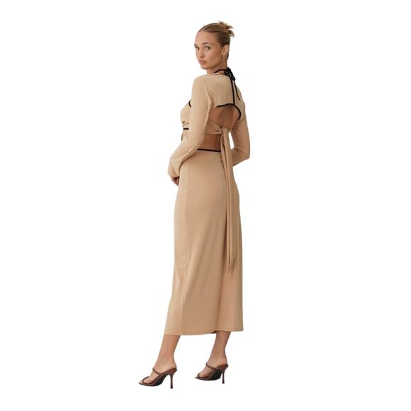 Finders Keepers Eloise Cutout Midi Dress Tan Black Trim Size M NWT - Picture 3 of 9